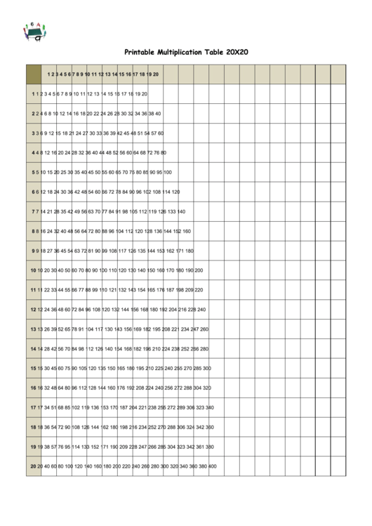 20 X 20 Times Table Chart