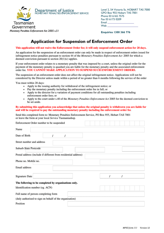 Application For Suspension Of An Enforcement Order - Department Of Justice - Tasmanian Government