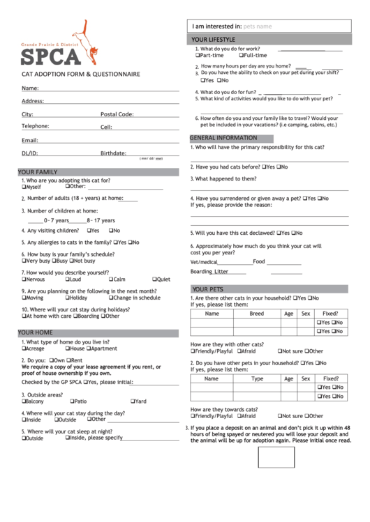 Cat Adoption Form & Questionnaire Printable pdf