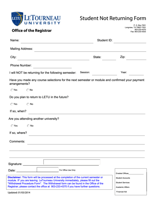Student Not Returning Form Printable pdf