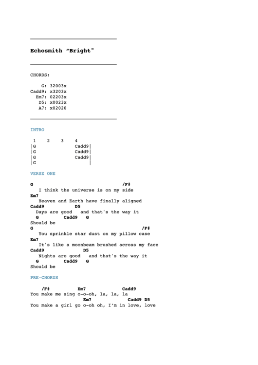 Echosmith Bright Printable pdf