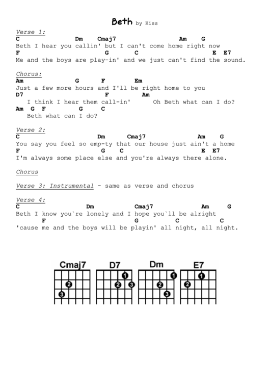 Kiss - Beth Chord Chart With Lyrics Printable pdf