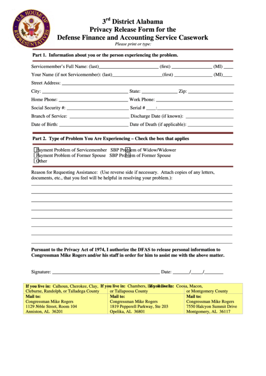 Privacy Release Form For The Defense Finance And Accounting Service Casework Printable pdf