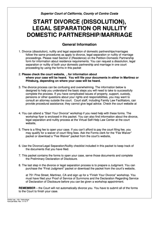Start Divorce (Dissolution), Legal Separation Or Nullity Domestic Partnership/marriage Form Printable pdf