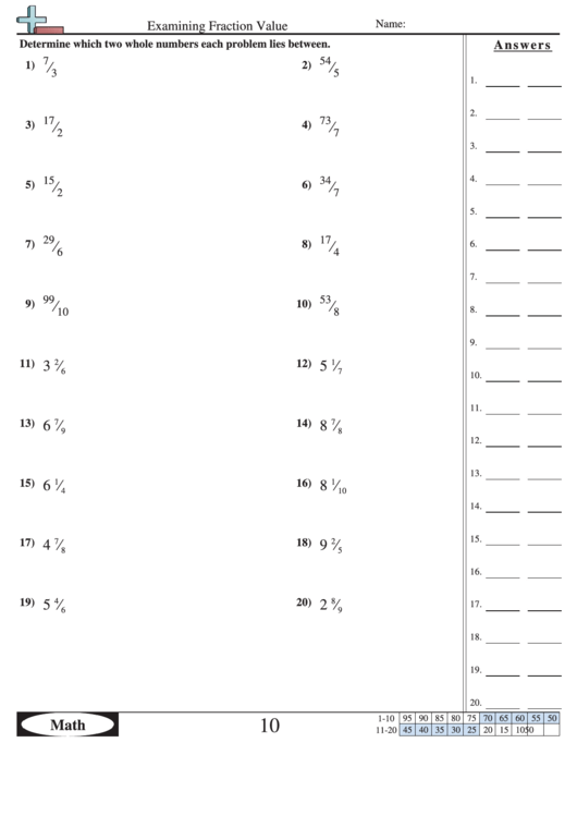 Examining Fraction Value Worksheet With Answer Key printable pdf download