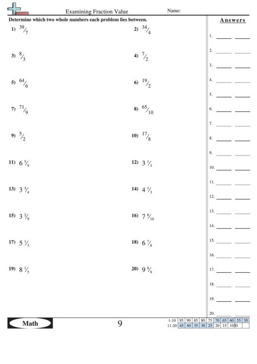 Examining Fraction Value Worksheet With Answer Key Printable pdf