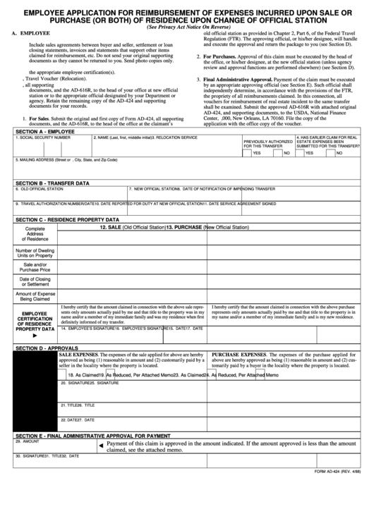 Fillable Employee Application For Reimbursement Of Expenses Incurred Upon Sale Or Purchase (Or Both) Of Residence Upon Change Of Official Station Printable pdf