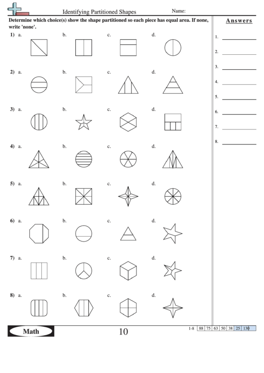 Identifying Partitioned Shapes Worksheet With Answer Key