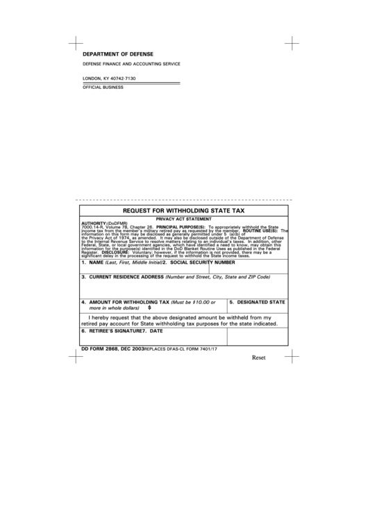 Dd Form 2868 - Request For Withholding State Tax - Department Of Defense Printable pdf