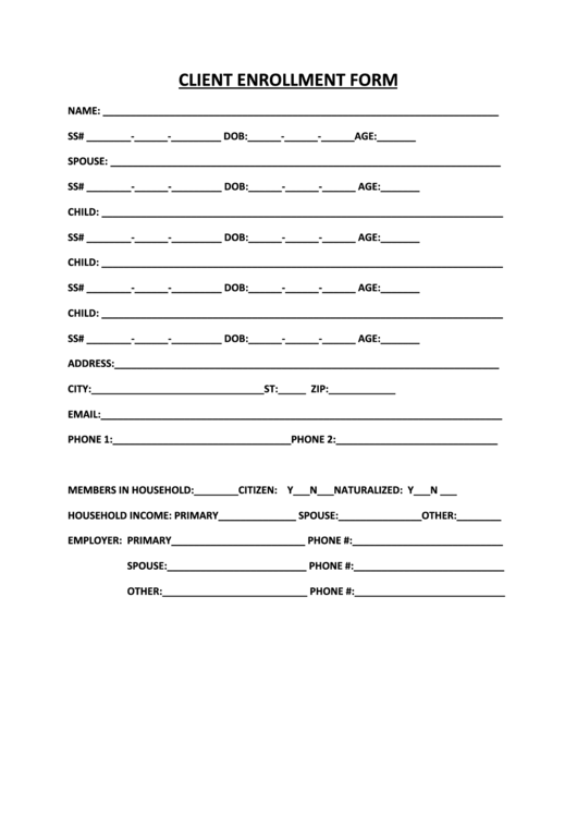 Client Enrollment Form Printable pdf