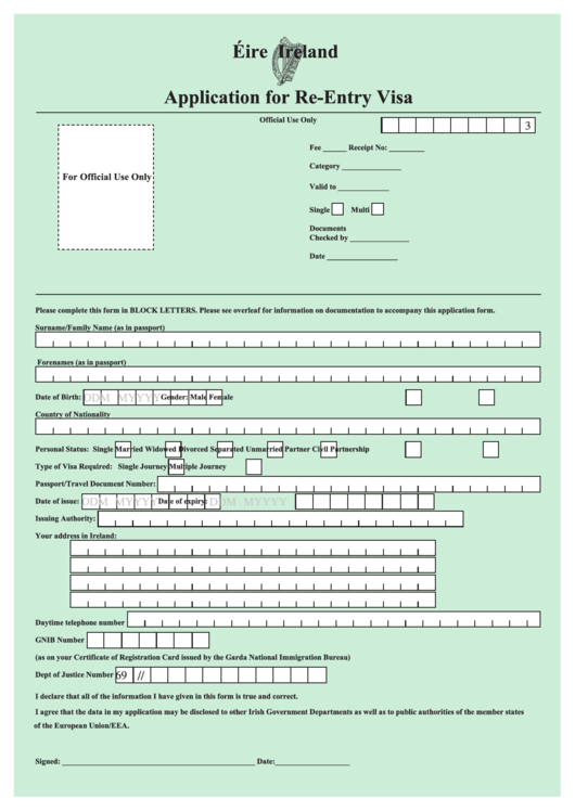 Application For Re-Entry Visa Printable pdf