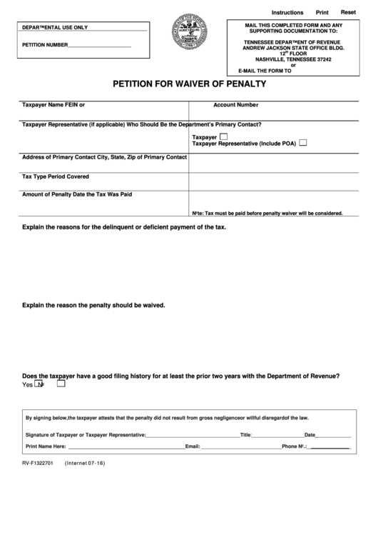 Fillable Petition For Waiver Of Penalty Printable pdf