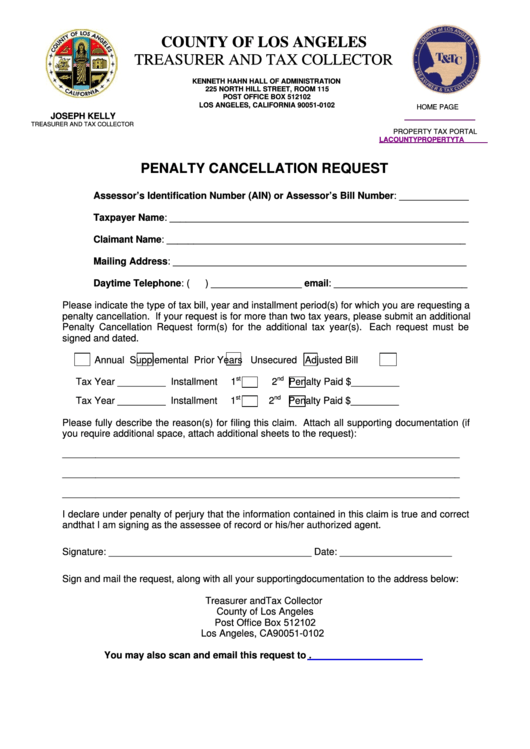 Fillable County Of Los Angeles Ttc - Tax Penalty Cancellation Request Printable pdf
