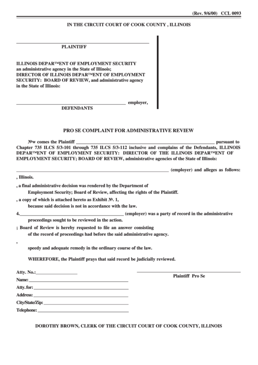 Fillable Ccl 0093 Pro Se Complaint For Administrative Review Printable pdf