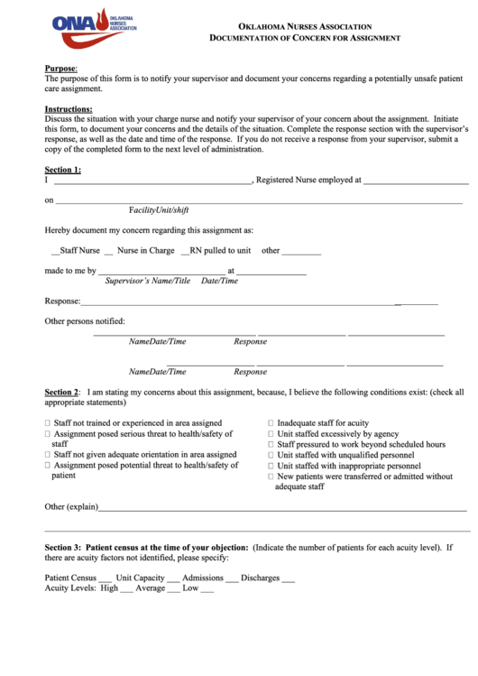 Concern For Assignment Form - Oklahoma Nurses Association Printable pdf