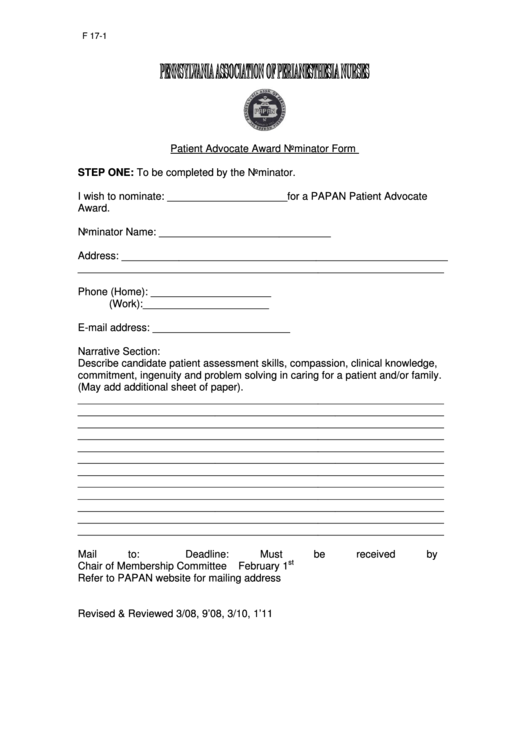 Papan Patient Advocate Award Nominator Form Step One Printable pdf