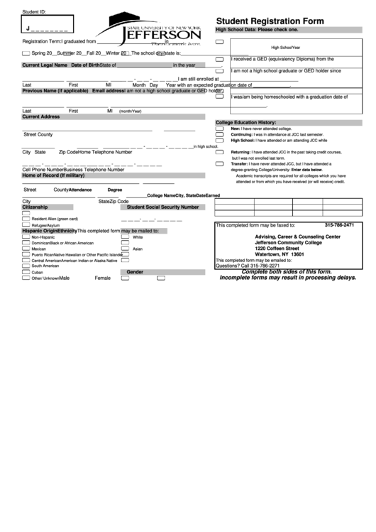 Student Registration Form - Jefferson Community College Printable pdf