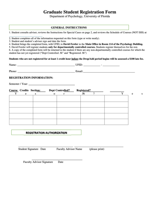 Fillable Graduate Student Registration Form - Department Of Psychology, University Of Florida Printable pdf