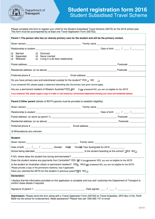 Dot Student Registration Form 2016: Student Subsidised Travel Scheme Printable pdf