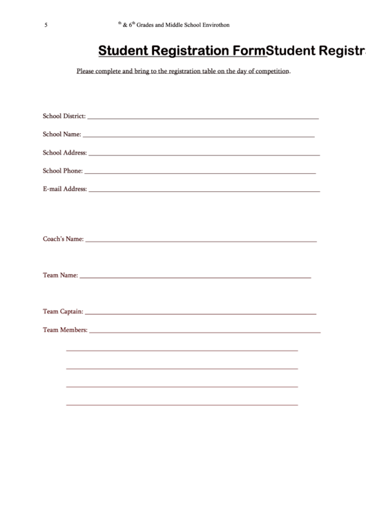 Student Competition Registration Form Printable pdf