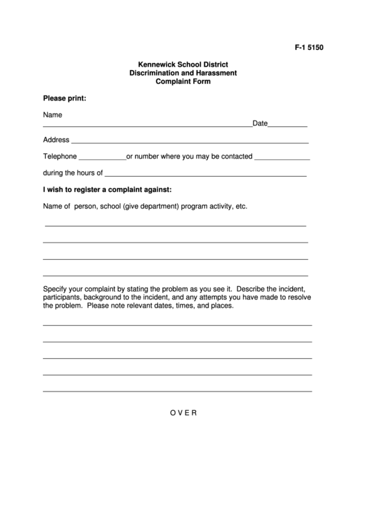 School Discrimination And Harassment Complaint Form Printable pdf