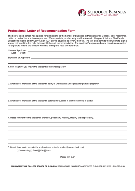 Fillable Professional Letter Of Recommendation Form - Manhattanville College School Of Business Printable pdf