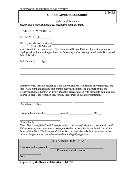 School Admissions Exhibit - Affidavit Of Residency Printable pdf