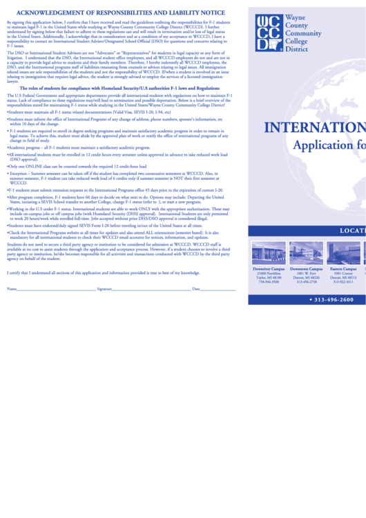 Wayne County Community College District - International Student Application For Admission Printable pdf