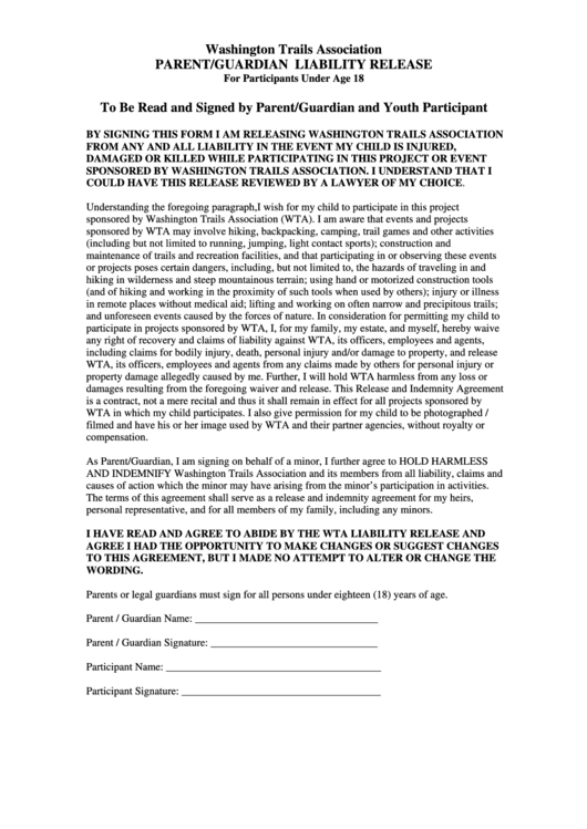 Parent/guardian Liability Release - Washington Trails Association Printable pdf
