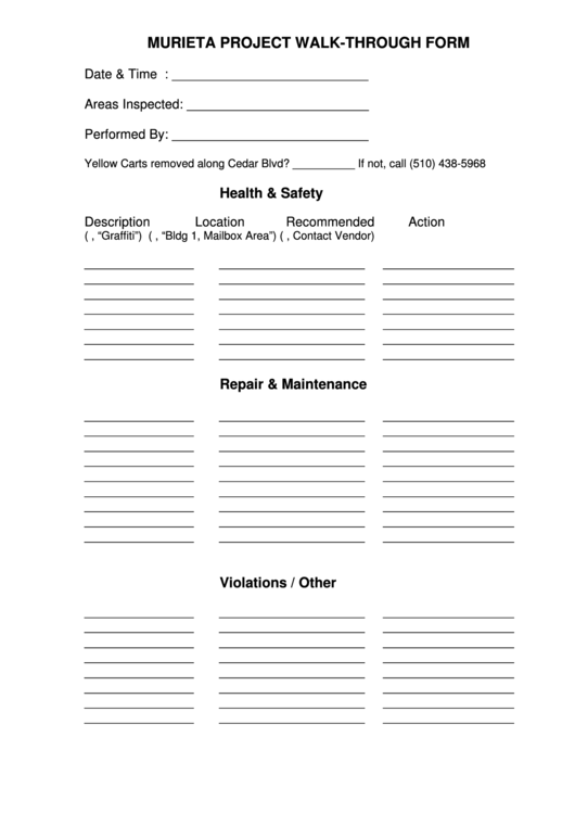 Murieta Project Walk-Through Form Printable pdf