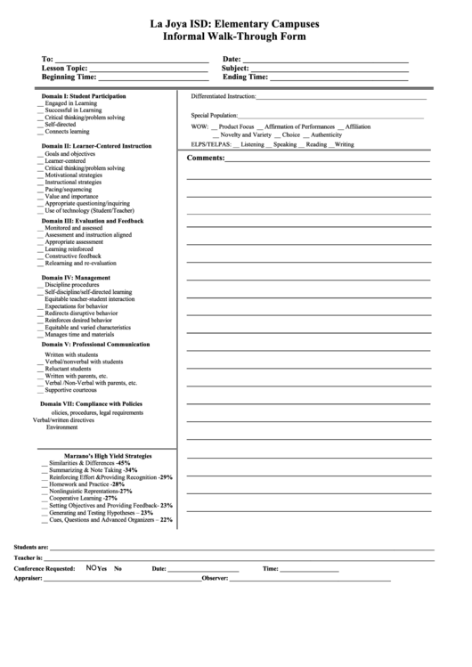 Fillable Elementary Walk Through Form Printable pdf
