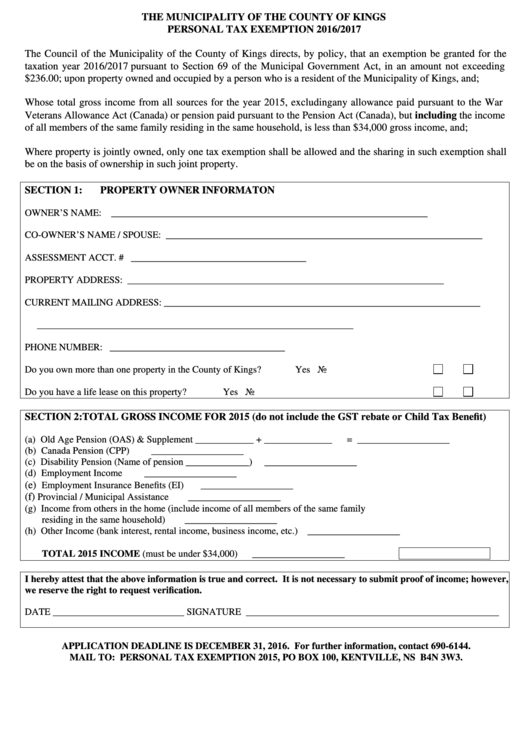 County Of Kings - Personal Tax Exemption Form - 2016/2017 Printable pdf