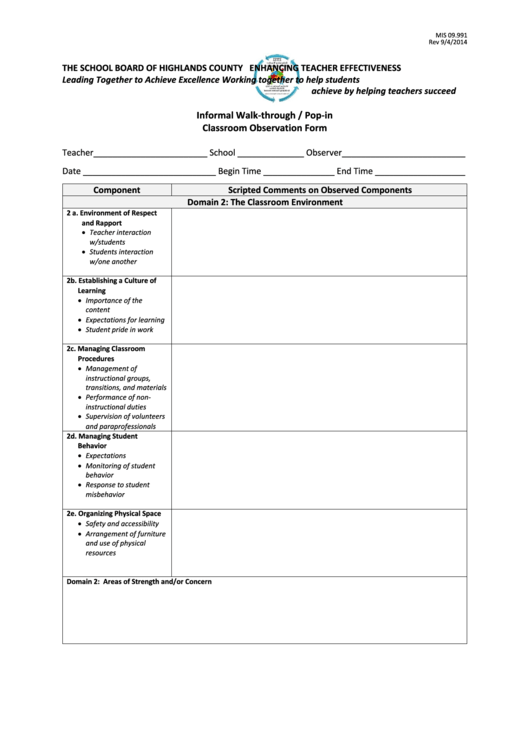 Informal WalkThrough / PopIn Classroom Observation Form printable pdf
