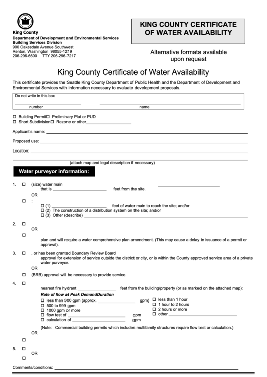 King County Certificate Of Water Availability
