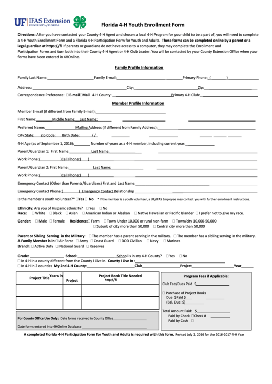 Florida 4-H Youth Enrollment Form Printable pdf