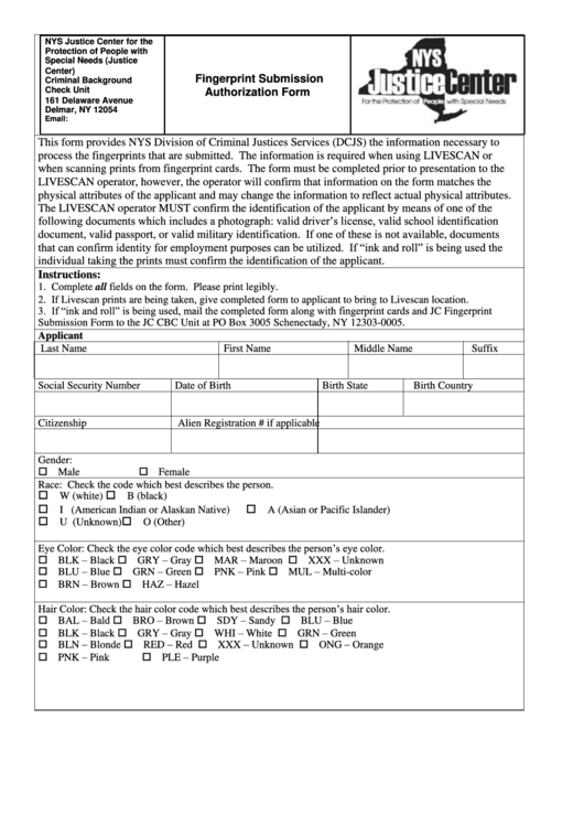 Fingerprint Submission Authorization Form Printable pdf