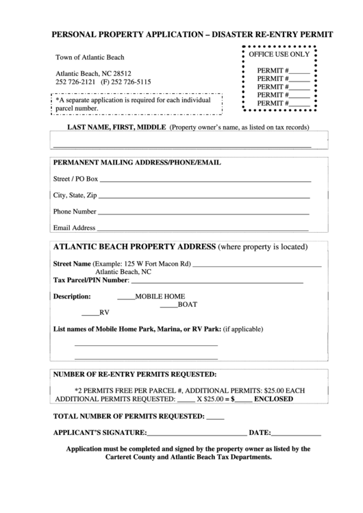Personal Property Application - Disaster Re-Entry Permit Printable pdf