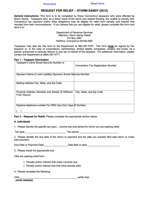 Request For Relief - Storm Sandy (2012) Printable pdf