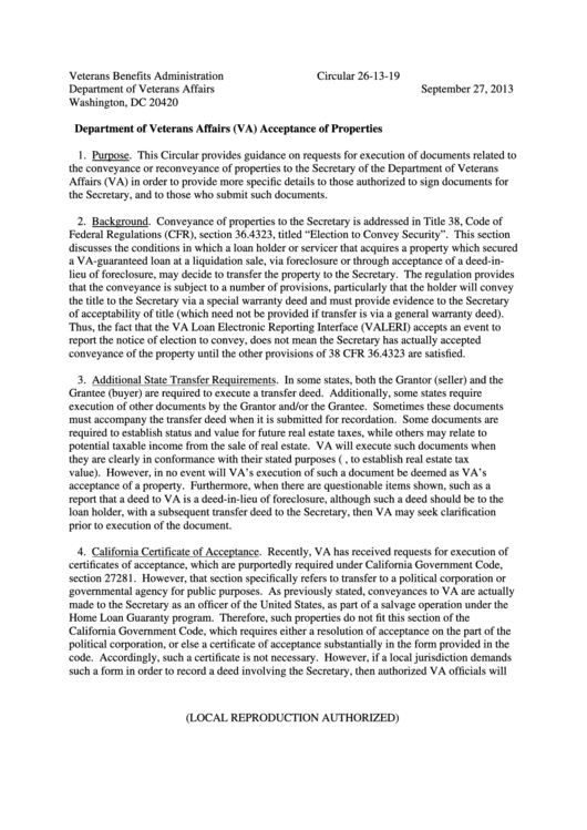 Department Of Veterans Affairs (Va) Acceptance Of Properties Printable pdf