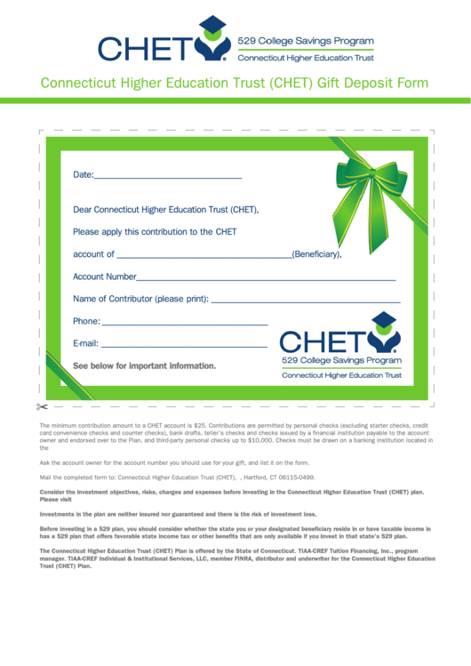 Connecticut Higher Education Trust (Chet) Gift Deposit Form Printable pdf