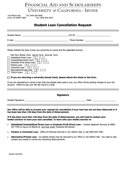 Student Loan Cancellation Request - Uci Printable pdf