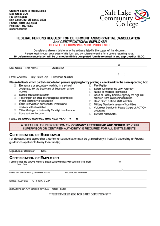 Perkins Cancelation Request Form - Slcc Printable pdf