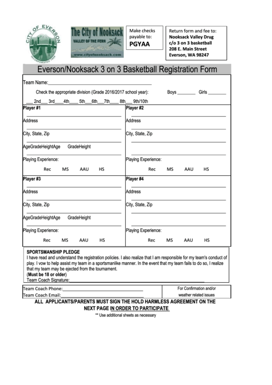 Everson/nooksack 3 On 3 Basketball Registration Form Printable pdf