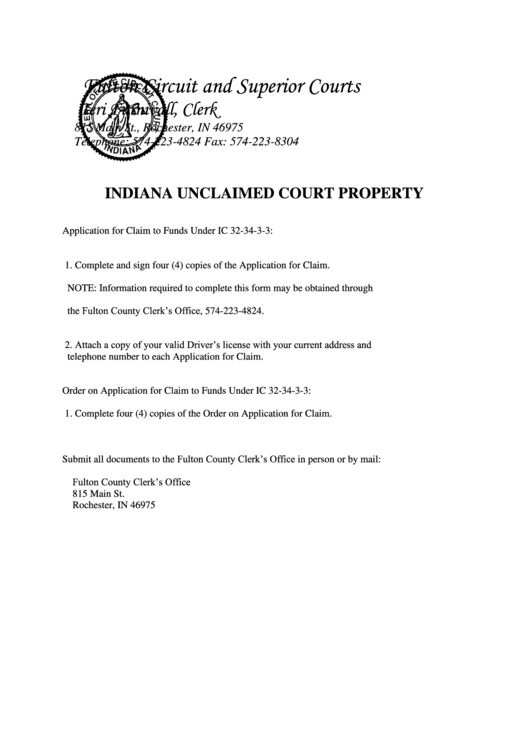 Indiana Unclaimed Court Property Printable pdf