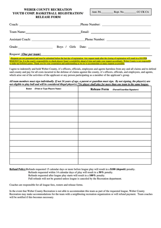Weber County - Youth Comp. Basketball Registration/ Release Form Printable pdf