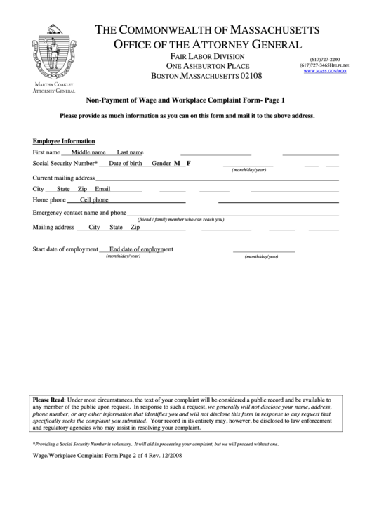 Non-Payment Of Wage And Workplace Complaint Form- Page 1 Printable pdf