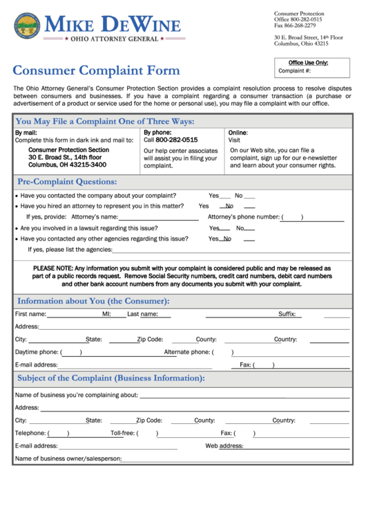 Consumer Complaint Form Printable pdf