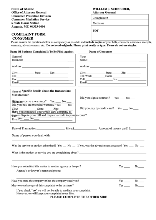 Complaint Form Consumer Printable pdf