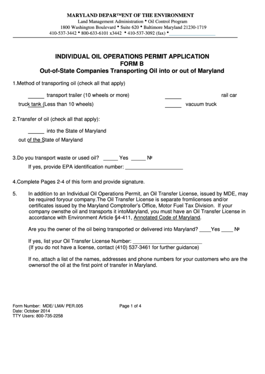 Form B Individual Oil Operations Permit Application Printable pdf