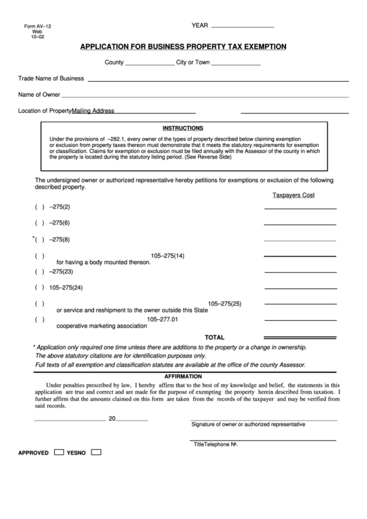 Form Av-12 - Application For Business Property Tax Exemption Printable pdf